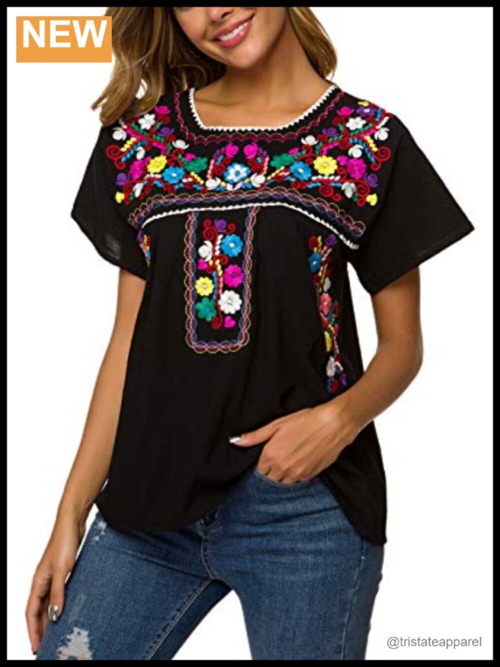 Women's Mexican Embroidered Peasant Top 100% Cotton Short Sleeve Blouse